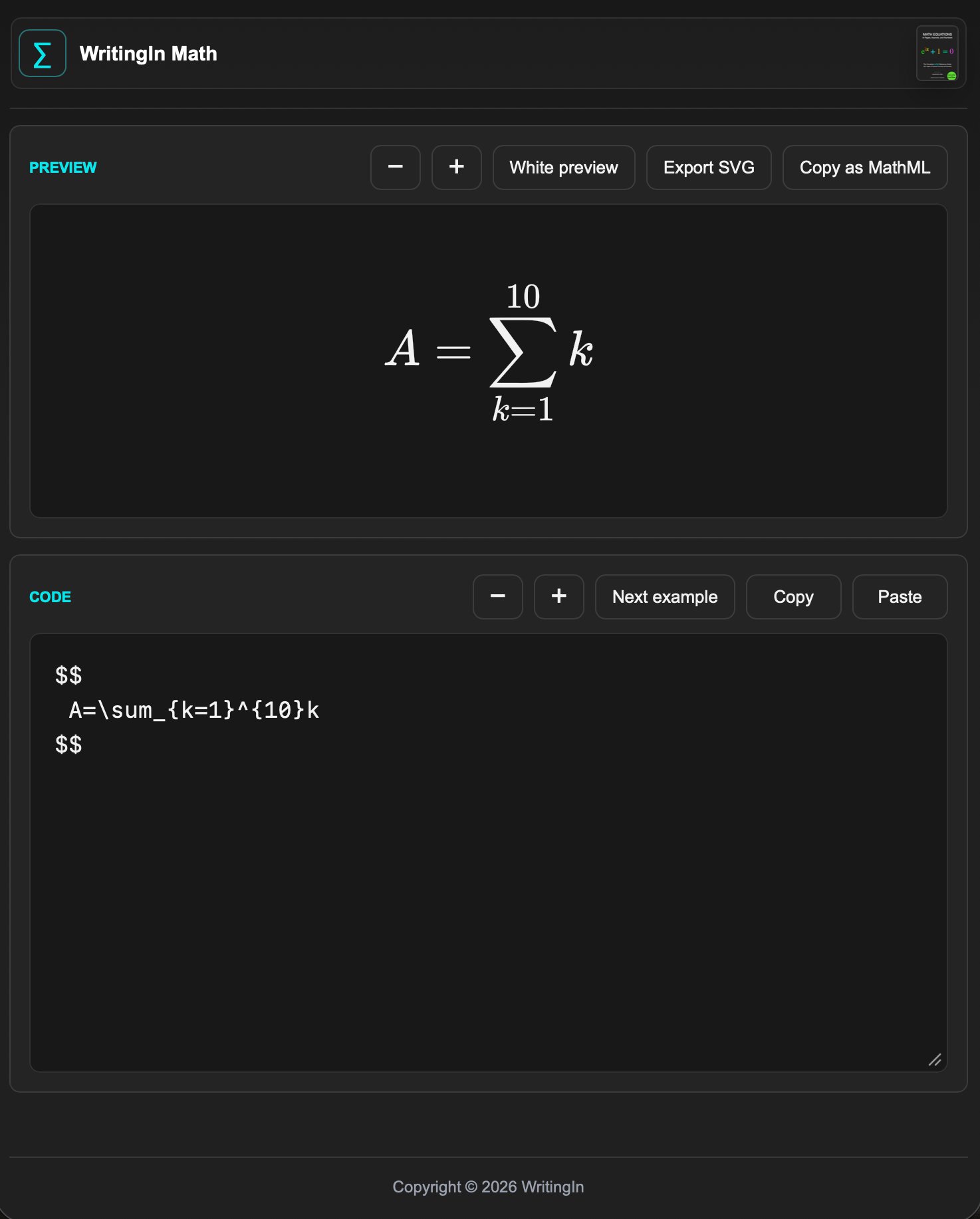 Screenshot of the WritingIn Math Equation Editor web application